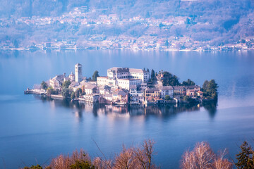 island of orta san giulio, taken from the Sacro Monte; of glacial origin, is a little lake in...