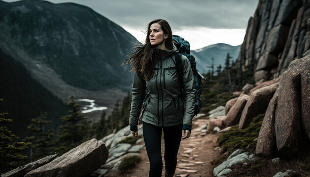 Young woman hiking on a rocky path in the mountains - wearing a backpack - mountain landscape