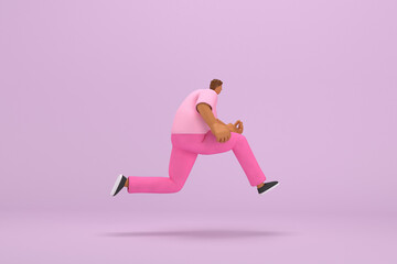 Fototapeta na wymiar The black man with pink clothes. He is running. 3d rendering of cartoon character in acting.