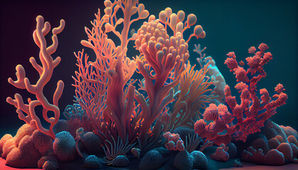 Naklejka na ściany i meble Colorful coral reef of under deep dark water of sea ocean environment. Sea flower, sea living coral. Generative ai