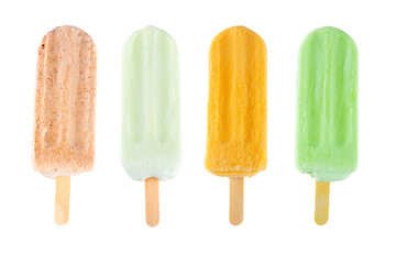 Popsicles with different flavors on a white background