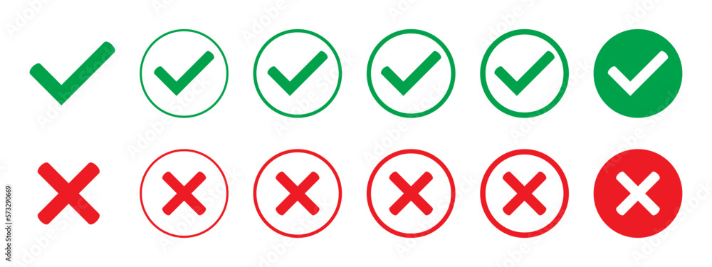 Aufkleber tick and cross vector icons. green tick and red cross checkmarks in circle flat icons. yes or no lin