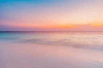 Poster Closeup sea sand beach. Long exposure beach landscape. Inspire tropical beach seascape horizon. Dream colorful sunset sky. Calming tranquil meditation sunlight. Beautiful orange coast wave water © icemanphotos