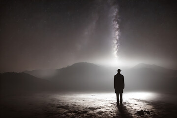 Silhouette of a man standing in a gray barren landscape. Above a galaxy and stars can be seen. Generative AI.