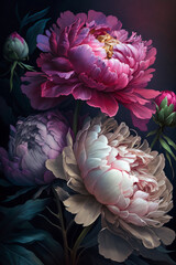 Peony flowers are full of blooms and delicate fragrances. Illustration - gorgeous, peaceful, innocent