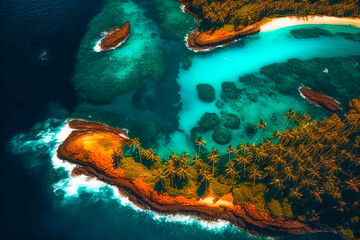 Fototapeta na wymiar Aerial drone view of beautiful tropical island beach with palms. Vacation background. Turquoise ocean. Generative AI
