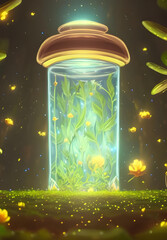 a glass jar containing a mystical flower forest