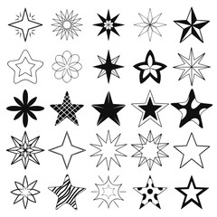 Set of black hand drawn vector stars in doodle style on white background.