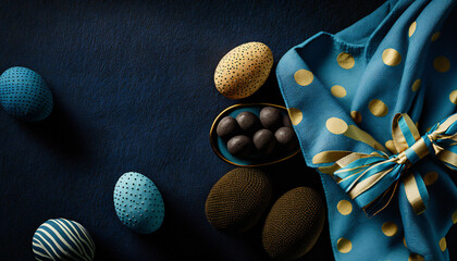 Dark Blue, Easter background template with Easter eggs - Greetings and presents for Easter Day - Copy Space - Generative AI