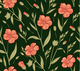 Seamless pattern Linum Flax wildflowers. Beautiful fabric blooming realistic isolated flowers Vintage background Wallpaper baroque. Drawing engraving Vector victorian illustration