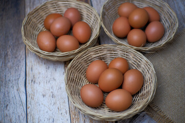 Eggs in three wicker baskets