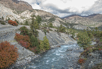 View of Marshayngdi river on Humde-Manang villages route, Around Annapurna trek, Manang district, Gandaki zone, Napal Himalayas, Nepal