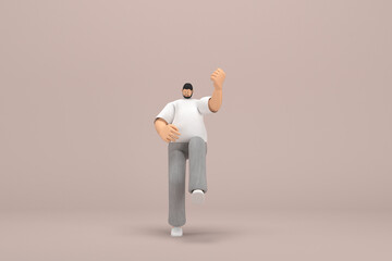 The man with beard wearinggray corduroy pants and white collar t-shirt.  He is doing exercise.  3d rendering of cartoon character in acting.