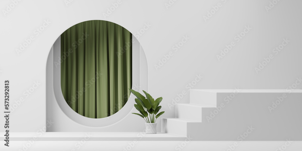 Poster 3d rendering steps platform podium with plant and curtain product presentation background