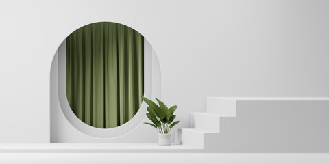 3D rendering steps platform podium with plant and curtain product presentation background