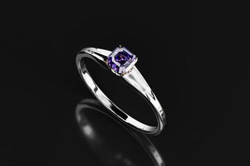 Silver Ring with Purple Asscher Diamond Placed on Glossy Background 3D Rendering