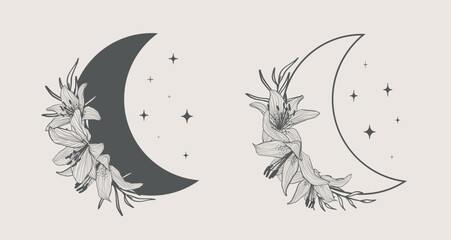Crescent moon of flowers in a trendy minimal linear style. Vector floral outline icon. Tattoo design, logo, wedding invitation, greeting card.