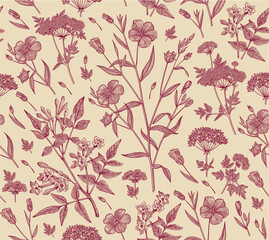Seamless pattern Linum Flax Jasmine Hemlock tree wildflowers. Beautiful fabric blooming realistic isolated flowers Vintage background Wallpaper baroque. Drawing engraving Vector victorian illustration