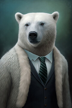 Portrait of a polar bear in a suit, on a white background. AI