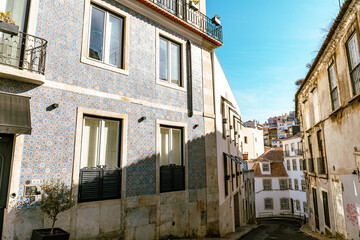 Typical colored houses in Desterro area. Lisbon, Portugal