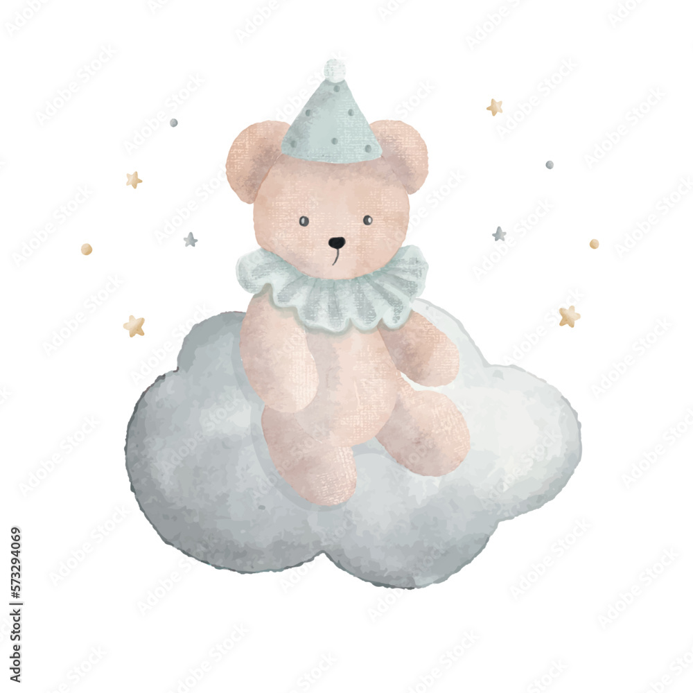 Wall mural cute teddy bear on the cloud with little stars, watercolor vector illustration.