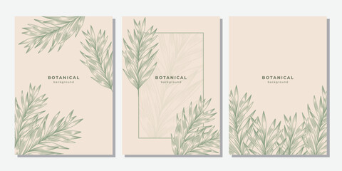 Set of tropical templates with linear fern texture. Light green line palm leaf on beige background. Botanical line art.