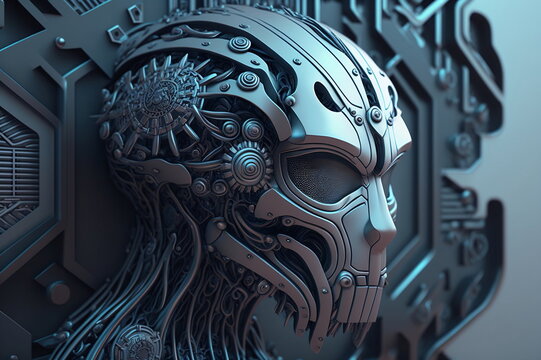 Metal face of humanoid robot, portrait. Artificial intelligence concept. Ai generative