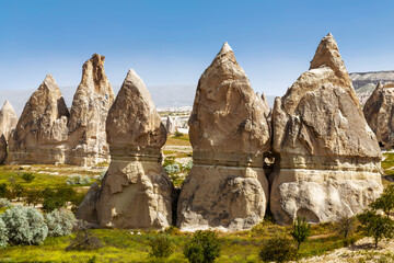 Rock formations in the Valley of Swords, Goreme National Park. Cappadocia, Turkey
