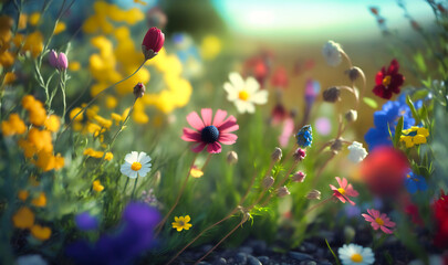 A field of vibrant wildflowers swaying in the gentle spring breeze