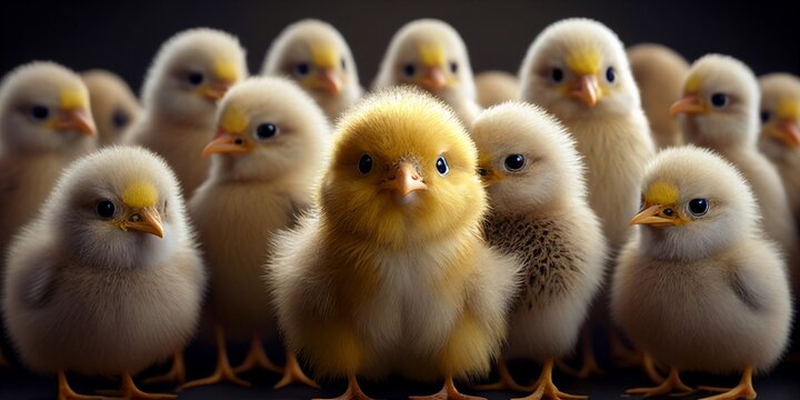 Lots of cute little chicks, small hatchlings are looking into the camera - Concept Made Using Generative AI