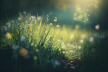 Fototapeta na wymiar Spring nature with grass, flowers and bokeh. Generative Ai