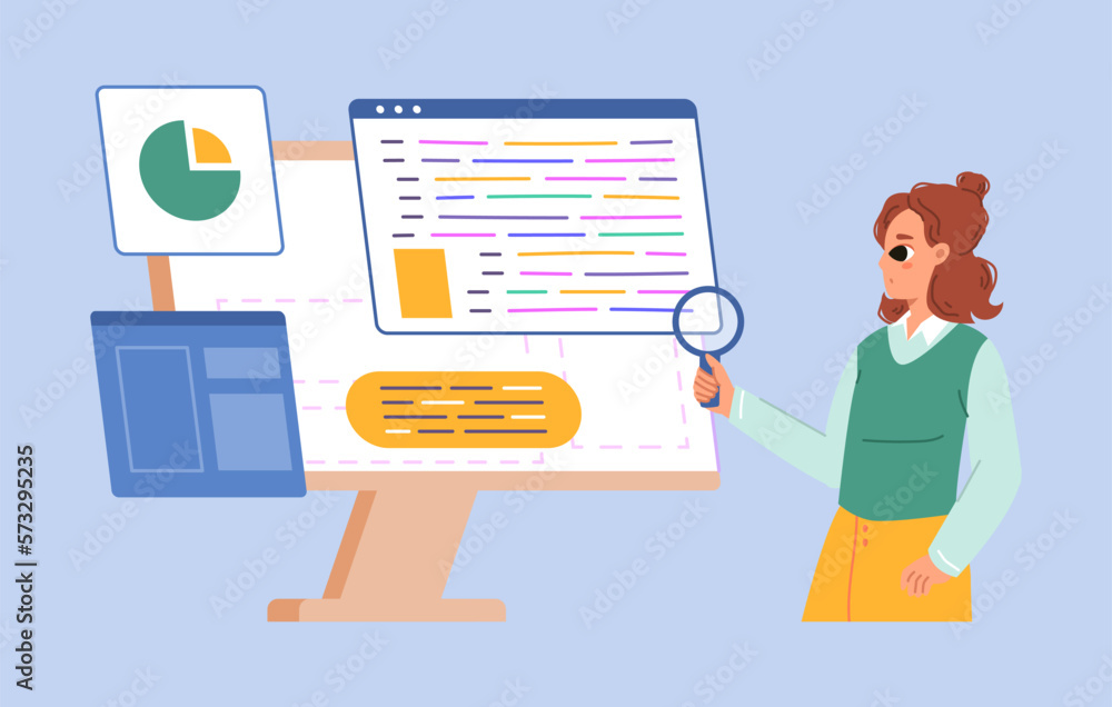 Poster cartoon girl looking magnifying glass and find information. programming developer audit or digital t