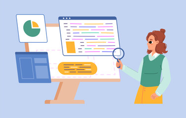 Cartoon girl looking magnifying glass and find information. Programming developer audit or digital testing, teenager geek vector character