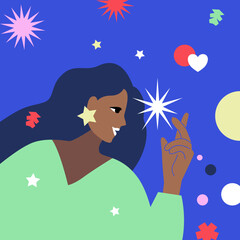 abstract illustration.  a long-haired woman with a star earring who will hold a star as a noble wish.  retro color