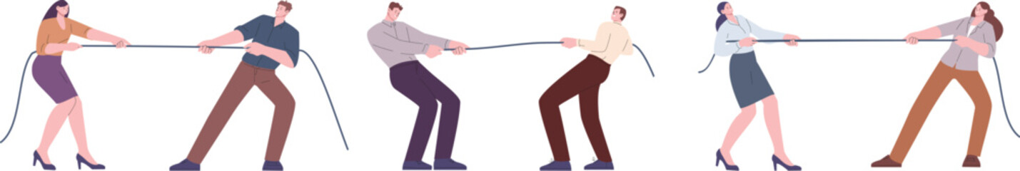 Fototapeta na wymiar Confrontation metaphor. Man vs man, woman vs woman competition. People pulling rope, office workers arguing, business vector concept