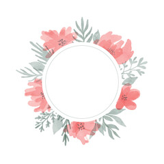 Vector round frame with watercolor flowers and leaves on white background in pastel colors.
