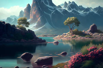 Washable wall murals Green Blue Beautiful landscape with rocky outcropping and distant mountains, generative ai