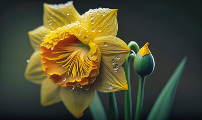 A bright yellow daffodil with a dew drop on its petal
