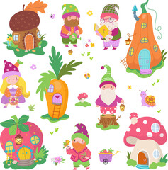 Funny gnomes and fairy houses. Forest dwarves, vegetable home in pumpkin and carrot. Mushroom gnome house, magic tale nowaday vector characters