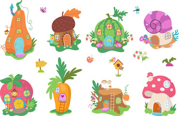 Obraz premium Magic gnome houses, cartoon magic forest elements. Dwarf and fairy lady home in mushroom and pumpkin. Children magical tale nowaday vector set