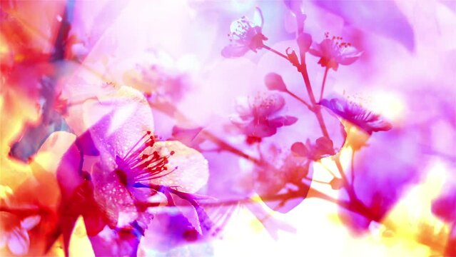 Japanese sakura branch with transparent painting effect. Cherry blossom tree close up. Spring flowers. Slow motion. Watercolor realistic nature scene.