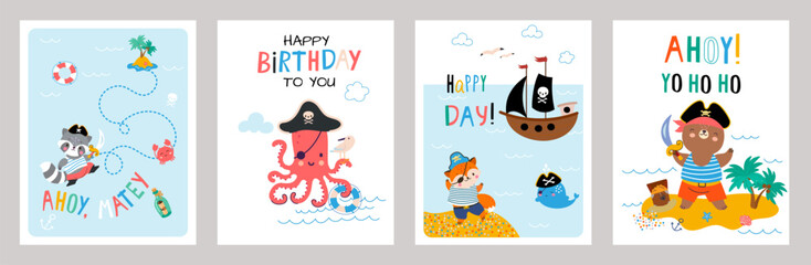 Birthday cards pirates, invitation marine pirate. Boy kids decorative summer covers, sea banners templates. Cute printable card nowaday vector design