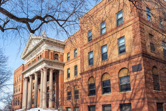 corner of landmark seminary building and front entrance in st anthony park neighborhood of saint paul minnesota