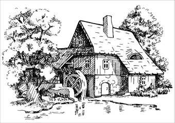 Rural landscape with windmill.  Bakery shop, organic agricultural production, ecological food. Vector hand drawn vintage engraved sketch