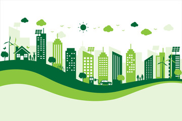 ecology and environment city scape. save energy the world development. green city building landscape . vector illustration in flat style modern banner design.