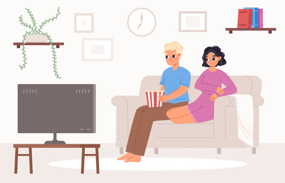 Young couple watch tv together in living room. Teenagers or adults date, student rest on sofa at evening. Home cinema with popcorn in snugly room vector scene