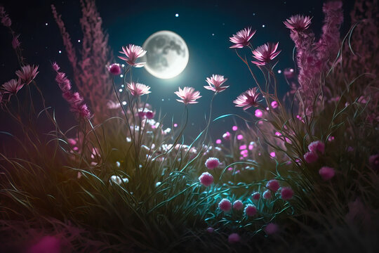 Romantic Illustration of fairy grass and pink flowers under the magical light of the moon.