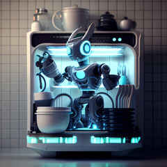 house assistant robot washing dishes in the house with a modern light design. created using Generative All Technology