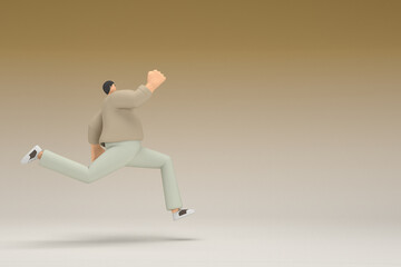 A man with glasses wearing brown cloth is running.  3d rendering of cartoon character in acting.