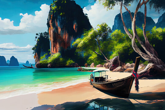 Most Beautiful place in Railay West, Thailand, Costa Rica, realistic. Generative Ai